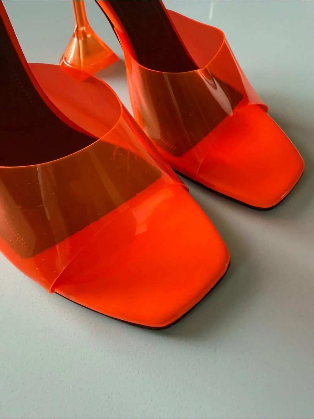 Amina Muaddi Orange Clear Strap Slide Heels
